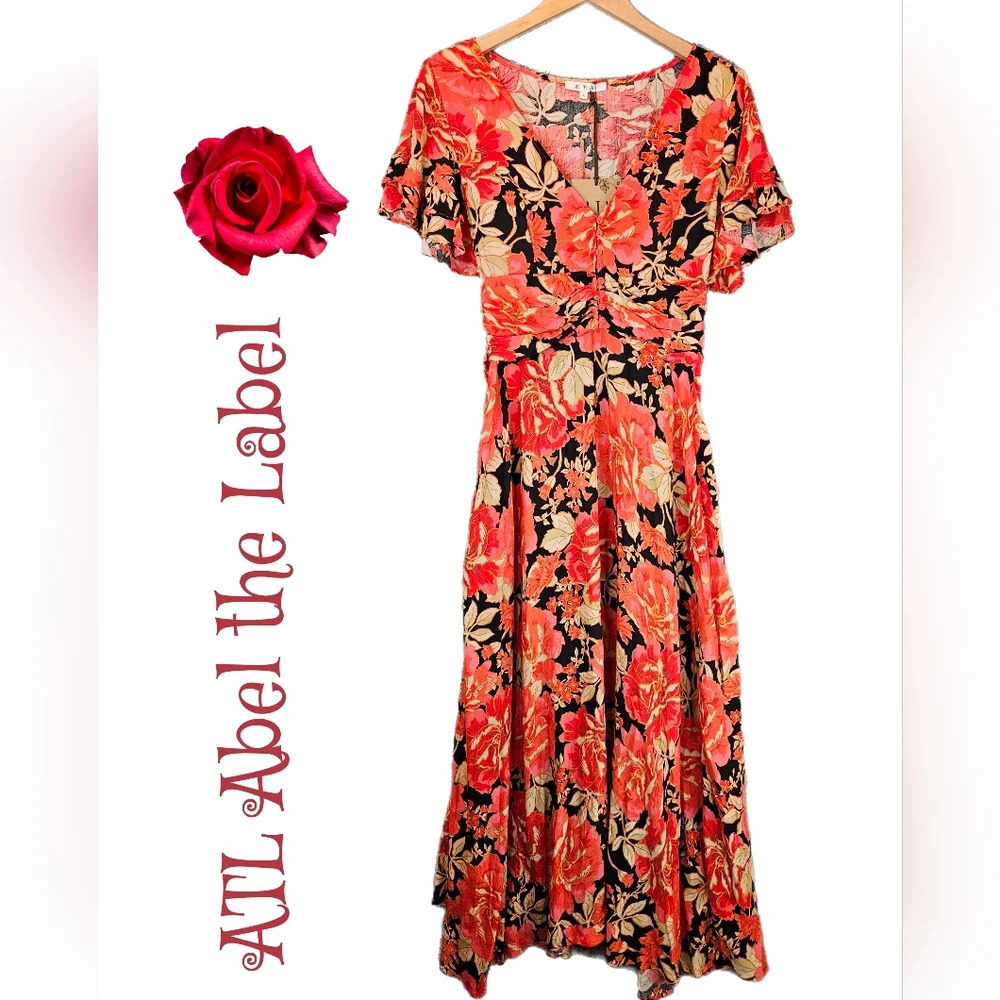 ATL Abel the Label Maxi Dress Sz S Womens Vivid Dreams Roses Button Bodice